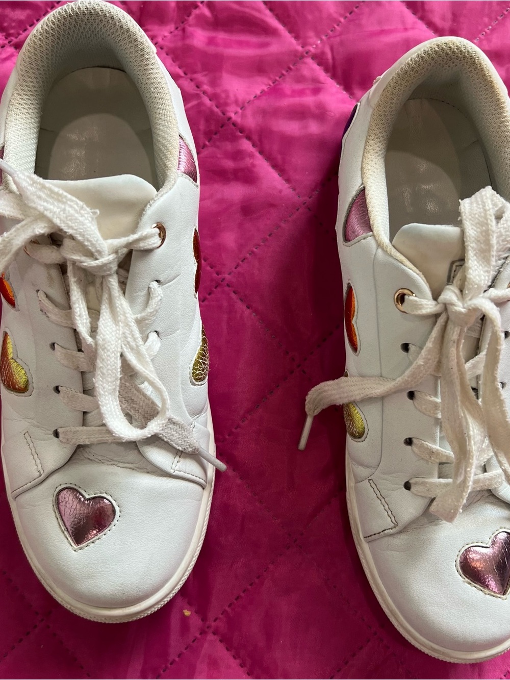 Kurt Geiger White Sneakers with Pink and Metallic Heart Accents